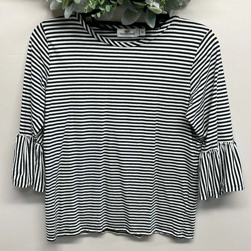 Vineyard Vines Black and White Striped 3/4 Bell Sleeve Top M